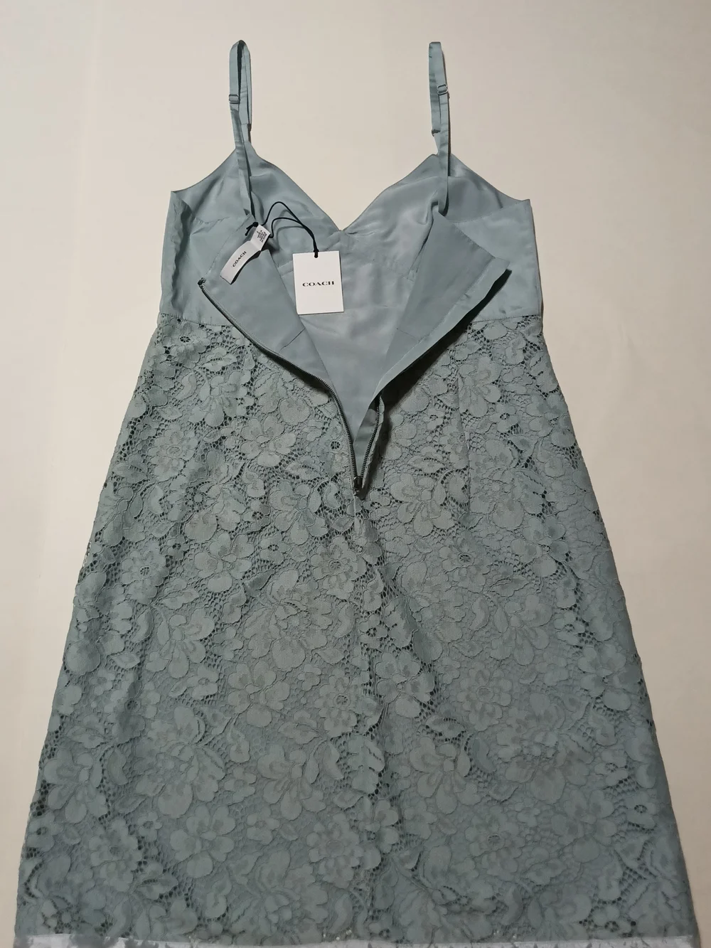 Coach Lace Slip Cami Mini Dress Accent Bow in Dusty Blue Size 2
